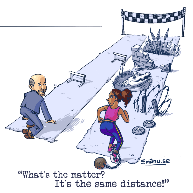 A white man and a woman of color are poised to begin a foot race, but the woman's course is filled with obstacles absent the man's course.